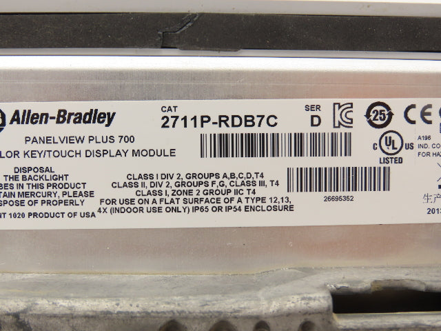 Allen Bradley 2711P-B7C4D8 HMI PanelView Plus 700 Operator Interface 24VDC Ser A