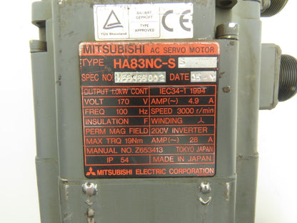 Mitsubishi HA83NC-SS Servo Motor 1.0kW 3000rpm 170v 3Ph 4.9A 19Nm