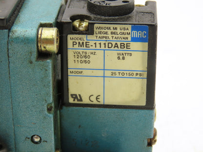 MAC 6511B-211-PM-111DA Pneumatic Solenoid Valve W/Base 150PSI 120VAC PME-111DABE