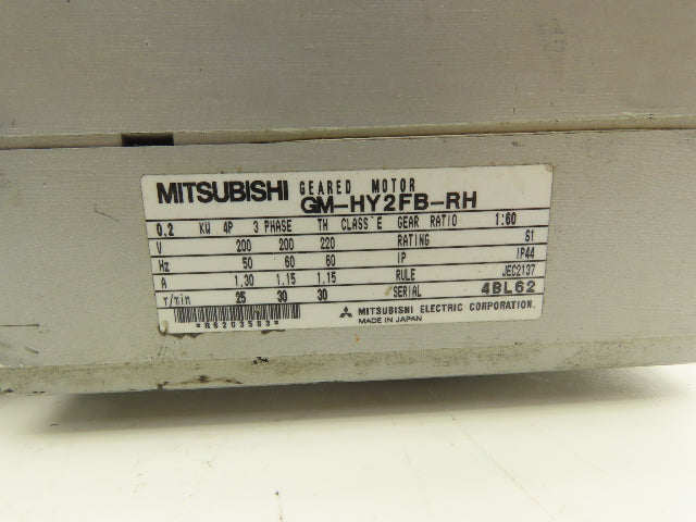 Mitsubishi GM-HY2FB-RH AC Gearmotor 60:1 Reducer 0.2kW 30rpm w/Brake 25mm Hollow