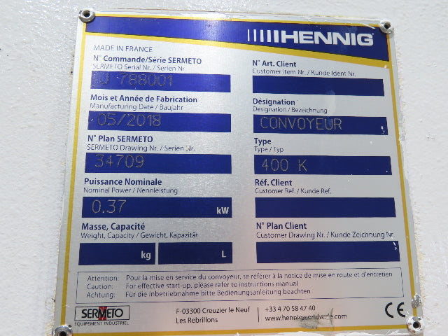 Hennig 21' Incline Chip Conveyor 14"W Scraper Chain 15' 2" Infeed 62"Discharge