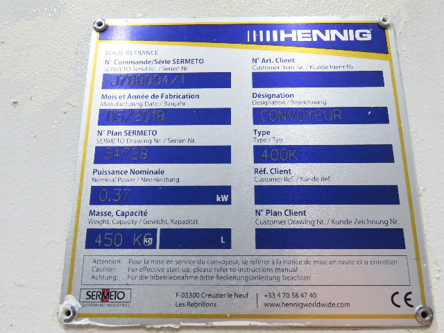 Hennig 21' 9" Incline Chip Conveyor 14" Scraper Chain 18' 9" Infeed 63"Discharge