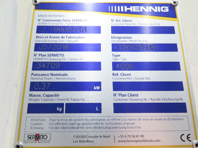 Hennig 21' Incline Chip Conveyor 14"W Scraper Chain 15' 2" Infeed 62"Discharge
