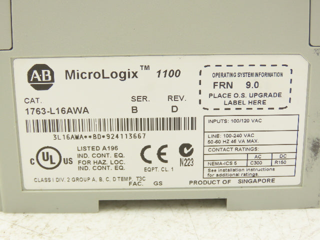 Allen Bradley 1763-L16AWA MicroLogix 1100 16 Point PLC Controller Series B FW 9