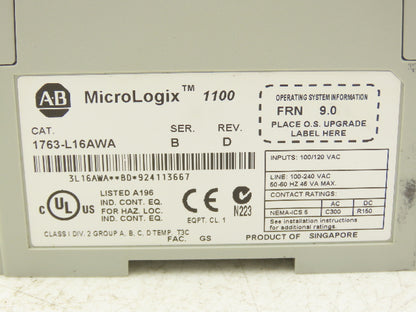 Allen Bradley 1763-L16AWA MicroLogix 1100 16 Point PLC Controller Series B FW 9