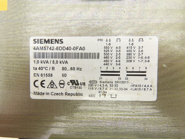 Siemens 4AM5742-8DD40-0FA0 Transformer 1.0kVA/5.0kVa 208-550V Hi 115,230 Lo 1Ph