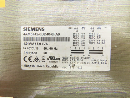 Siemens 4AM5742-8DD40-0FA0 Transformer 1.0kVA/5.0kVa 208-550V Hi 115,230 Lo 1Ph