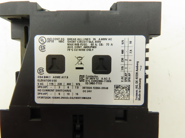 Siemens 3RT2024-1DB44-3MA0 Motor Starter Contactor 10Hp 575V 3Ph Screw Terminal