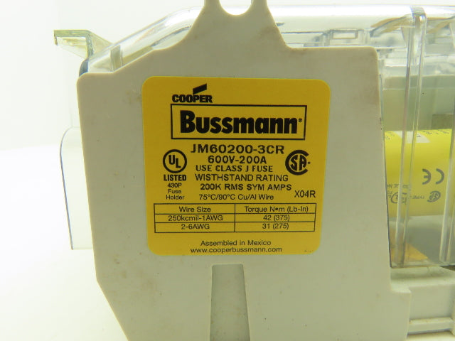 Eaton Bussman JM60200-3CR Modular Fuse Block 110-200A 3-Pole Class J Series JM