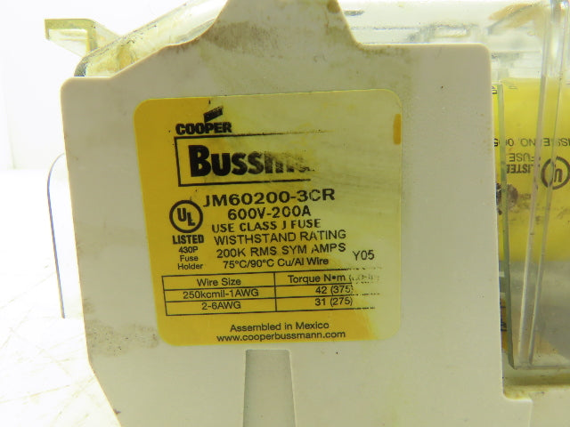 Eaton Bussman JM60200-3CR Modular Fuse Block 110-200A 3-Pole Class J Series JM