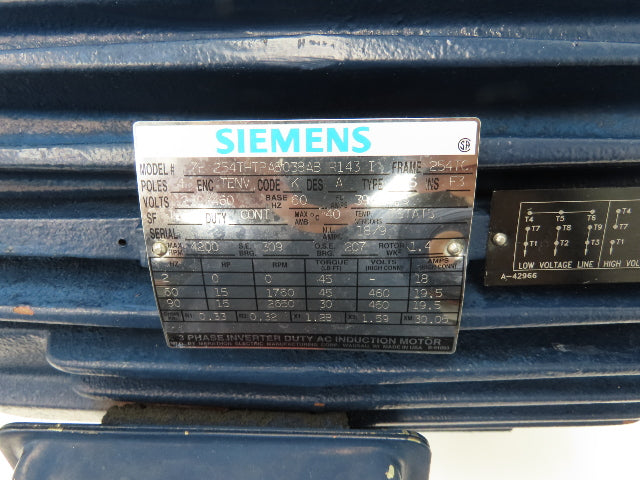 Siemens 7E254THTPA8038ABR143I AC Motor 15Hp 1760-2650 RPM 230/460V 3PH 254TC