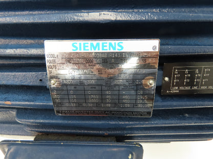 Siemens 7E254THTPA8038ABR143I AC Motor 15Hp 1760-2650 RPM 230/460V 3PH 254TC