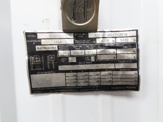 Linde E32CL Forklift Mast Class III 3 Stage 4 Lever 190" Lift 3655 lbs Max