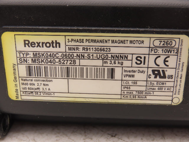 Rexroth MSK040C-0600-NN-S1-UG0-NNNN Permanent Magnet Servo Motor 600V 3PH