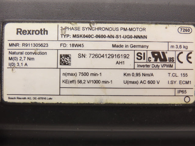 Rexroth MSK040C-0600-NN-S1-UG0-NNNN Permanent Magnet Servo Motor 600V 3PH *Read*