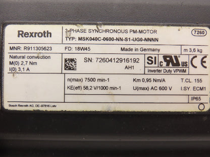 Rexroth MSK040C-0600-NN-S1-UG0-NNNN Permanent Magnet Servo Motor 600V 3PH *Read*