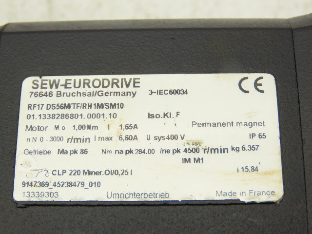 Sew Eurodrive RF17 DS56M/TF/RH1M/SM10 Servo Gear Motor 15.84 Ratio -Broken Plug-