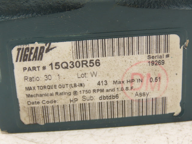 Dodge Tigear-2 15Q30R56 Worm Gearbox 30:1 Reducer 58rpm .5Hp 56C RH Shaft