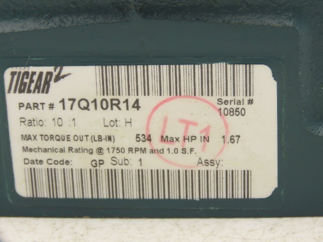 Dodge 17Q10R14 Tigear 2 Worm Gearbox 10:1 Reducer1.67Hp 175RPM 140TC RH Output