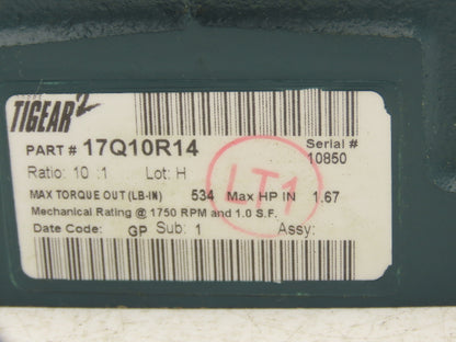 Dodge 17Q10R14 Tigear 2 Worm Gearbox 10:1 Reducer1.67Hp 175RPM 140TC RH Output