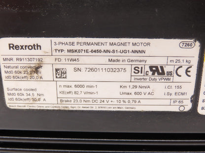 Rexroth MSK071E-0450-NN-S1-UG1-NNNN Servo Motor 600VAC 3PH Permanent Magnet