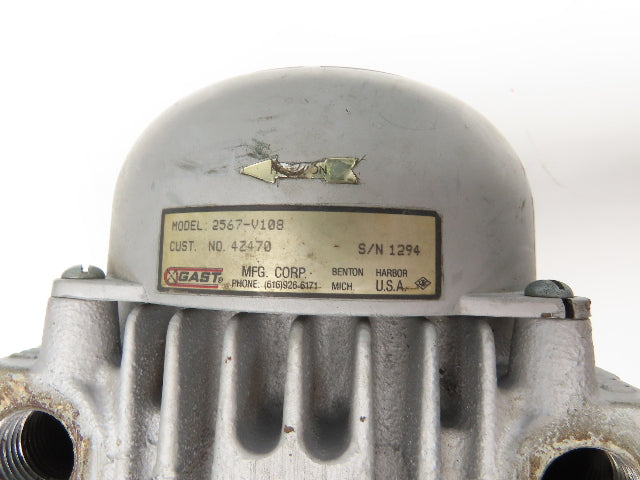 Gast 2567-V108 Rotary Vane Oil-less Vacuum Pump 1Hp 230/460V 3PH 21 CFM 3/4"NPT