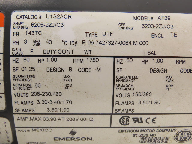 US Motors U1S2ACR AC Motor 1Hp 1750rpm 460V 3PH 143TC Frame 7/8" Shaft