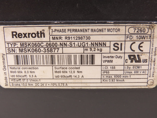 Rexroth MSK060C-0600-NN-S1-UG1-NNNN Servo Motor 600V 3PH Permanent Magnet