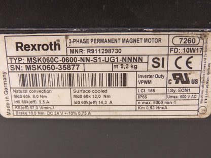 Rexroth MSK060C-0600-NN-S1-UG1-NNNN Servo Motor 600V 3PH Permanent Magnet