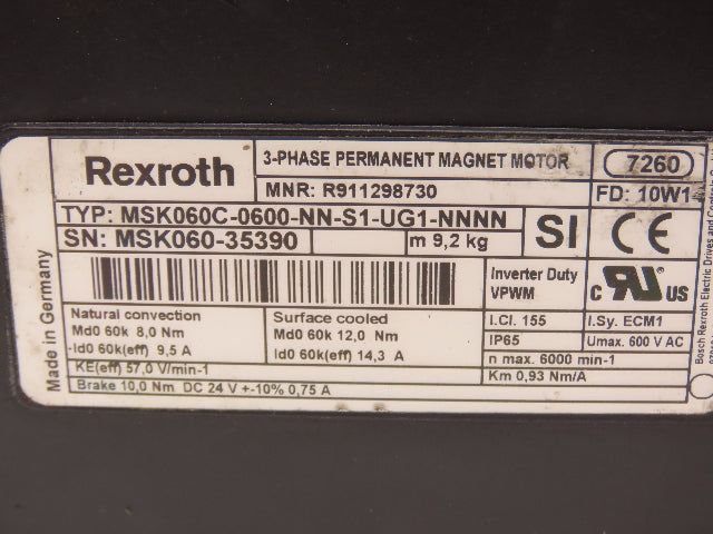 Rexroth MSK060C-0600-NN-S1-UG1-NNNN Servo Motor 600V 3PH Permanent Magnet