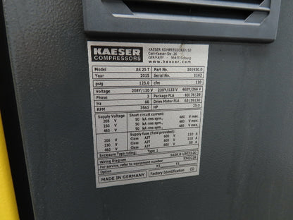 Kaeser AS25T Rotary Screw Air Compressor 120CFM 25HP Refrigerated Dryer 20458h