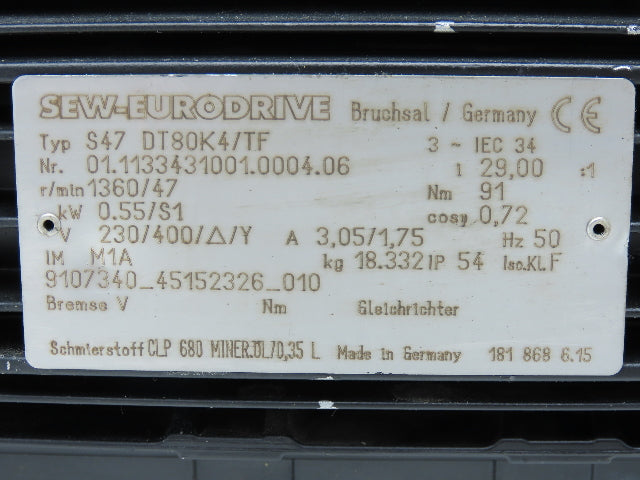 Sew Eurodrive S47 DT80K4/TF Gear Motor .55kw 1360/47rpm 230/400V 3PH 29:1 Ratio