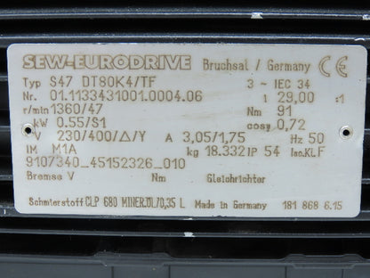 Sew Eurodrive S47 DT80K4/TF Gear Motor .55kw 1360/47rpm 230/400V 3PH 29:1 Ratio