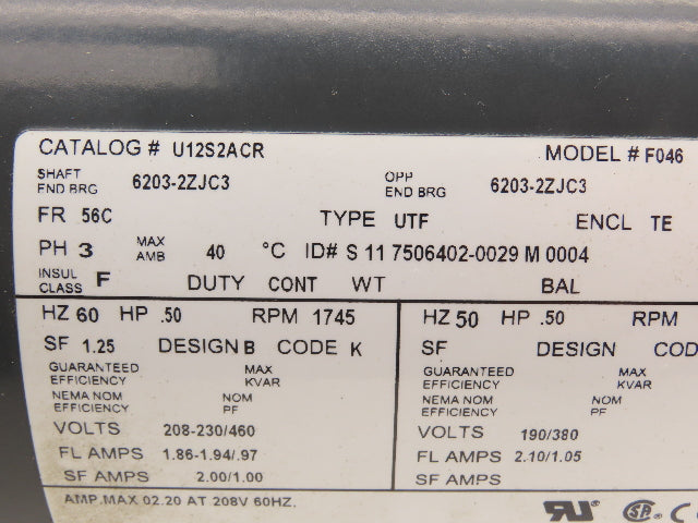 US Motors U12S2ACR AC Motor 1/2Hp 1745rpm 460V 3PH 56C Frame 5/8" Shaft