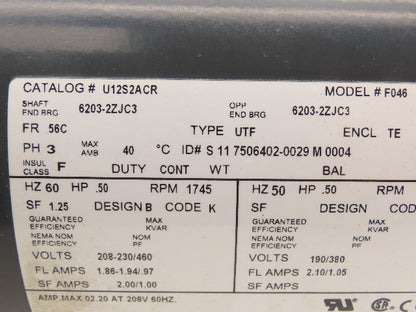 US Motors U12S2ACR AC Motor 1/2Hp 1745rpm 460V 3PH 56C Frame 5/8" Shaft
