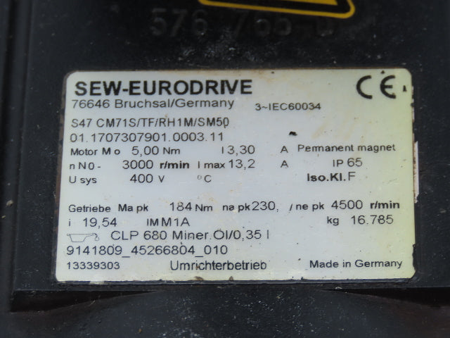 Sew Eurodrive S47 CM71S/TF/RH1M/SM50 Servo Gear Motor 400V 3PH 5Nm 19.54 Ratio