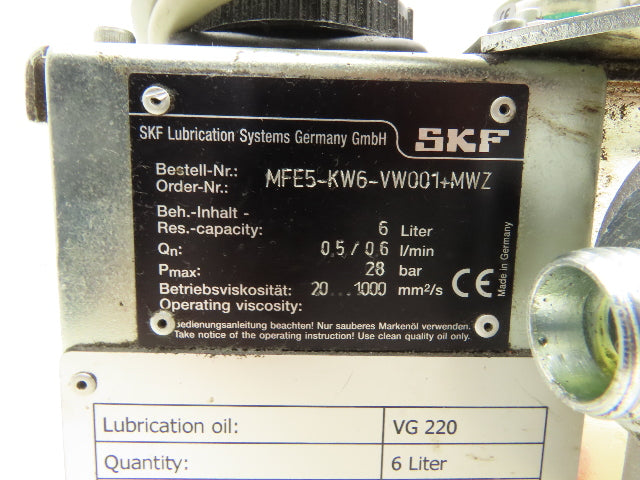 SKF MFE5-KW6-VW001+MWZ Lubrication Gear Pump Lubricator 6L 460VAC .6 l/min