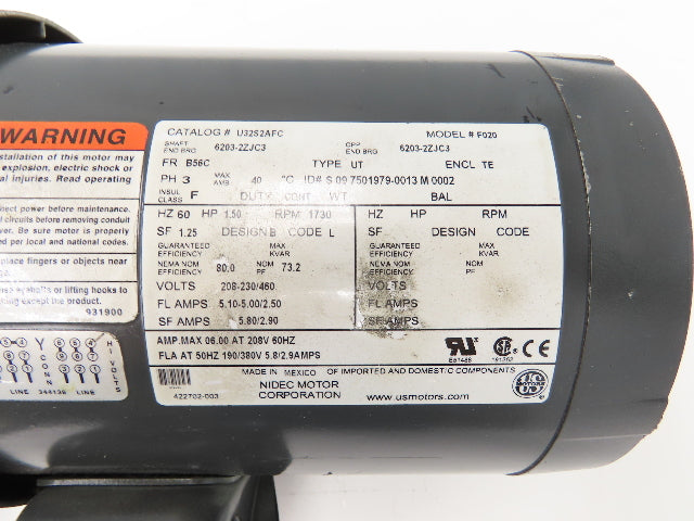 US Motors U32S2AFC AC Brake Motor 1.5Hp 1730rpm 460V 3PH 56C Brake 105632106003