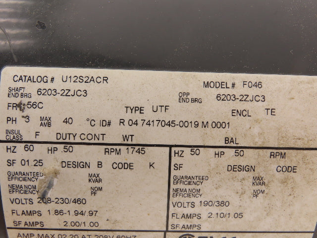 US Motors U12S2ACR AC Motor 1/2Hp 1745rpm 460V 3PH 56C Frame 5/8" Shaft