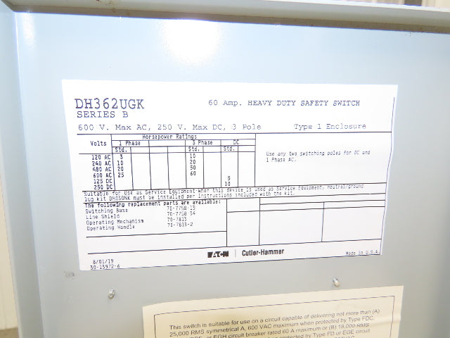 Eaton DH362UGK Safety Disconnect Switch 60A 600V Non-Fusible 3 Pole Enclosure