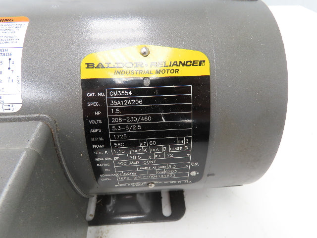 Baldor CM3554 AC Motor 1.5Hp 1740 RPM 208-230/460V 3PH 56C 35A12W206