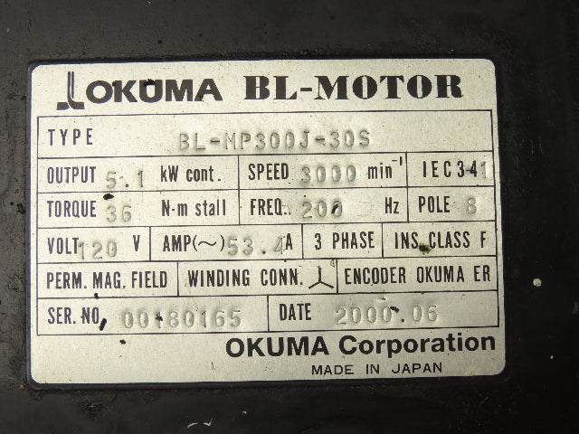 Okuma BL-MP300J-30S AC Servo Motor 5.1kw 3000 RPM 120V 3PH Encoder ER-J-7200D
