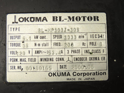 Okuma BL-MP300J-30S AC Servo Motor 5.1kw 3000 RPM 120V 3PH Encoder ER-J-7200D