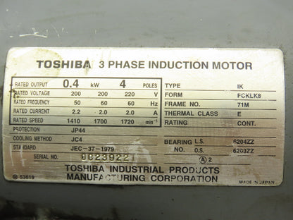 Toshiba SKK AVTB 75L Gearmotor .4kw 23rpm 220V 3PH 75:1 Reducer IEC 71M