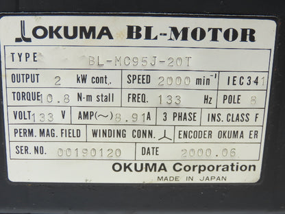 Okuma BL-MC95J-20T AC Servo Motor 2kw 2000 RPM 133V 3PH Encoder ER-J-7200D