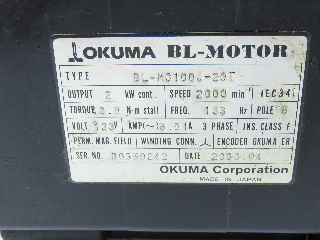 Okuma BL-MC100J-20T AC Servo Motor 2kw 2000 RPM 133V 3PH Encoder ER-J-7200D