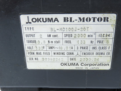 Okuma BL-MC100J-20T AC Servo Motor 2kw 2000 RPM 133V 3PH Encoder ER-J-7200D