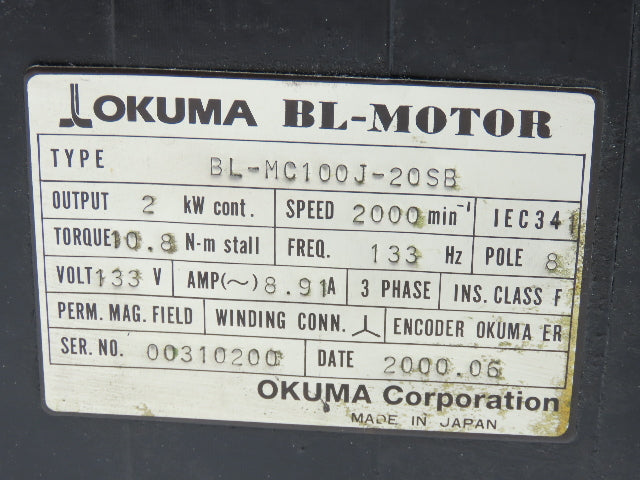Okuma BL-MC100J-20SB AC Servo Motor 2kw 2000 RPM 133V 3PH Encoder ER-J-7200D