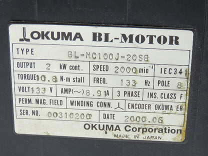 Okuma BL-MC100J-20SB AC Servo Motor 2kw 2000 RPM 133V 3PH Encoder ER-J-7200D
