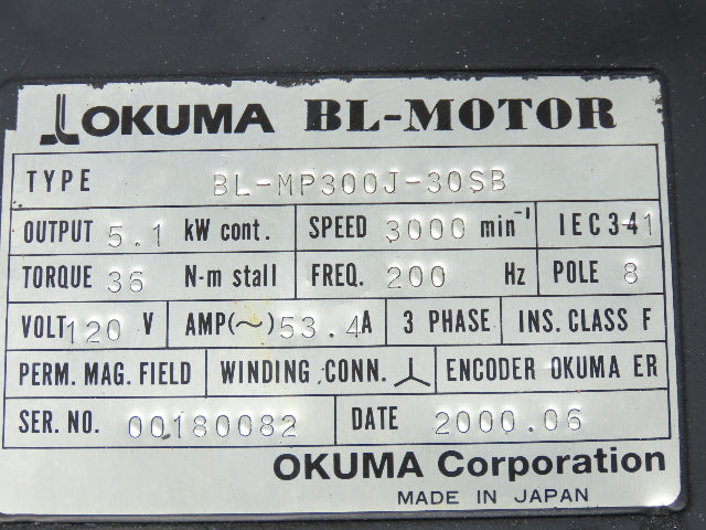 Okuma BL-MP300J-30SB AC Servo Motor 5.1kw 3000 RPM 120V 3PH Encoder ER-J-7200D